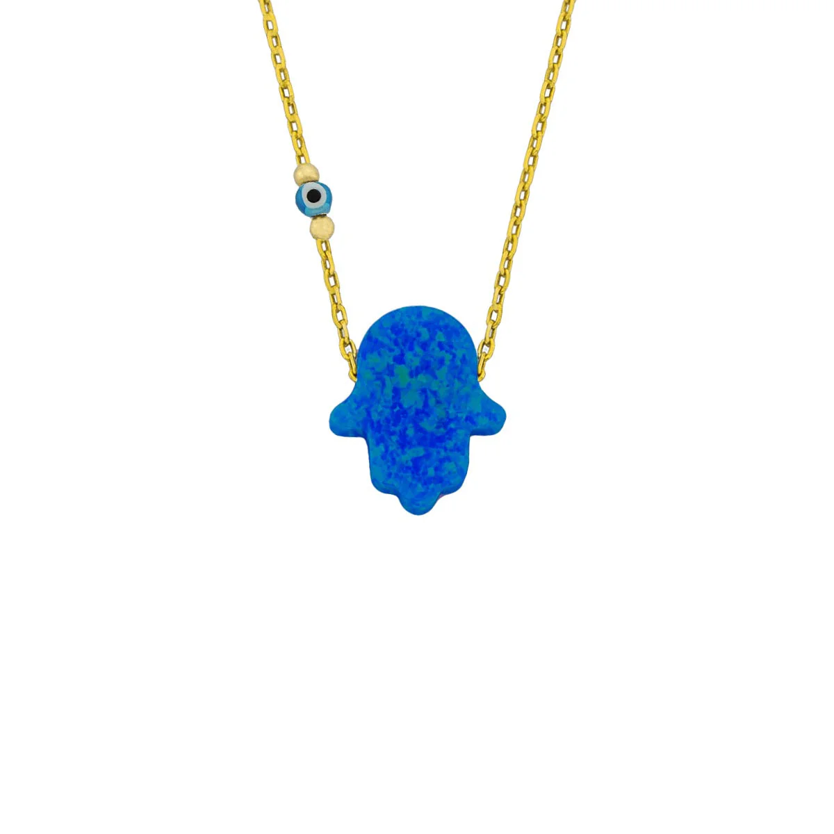 Fatimas Hand Opal Kette mit Nazar Augenkette Dunkelblau